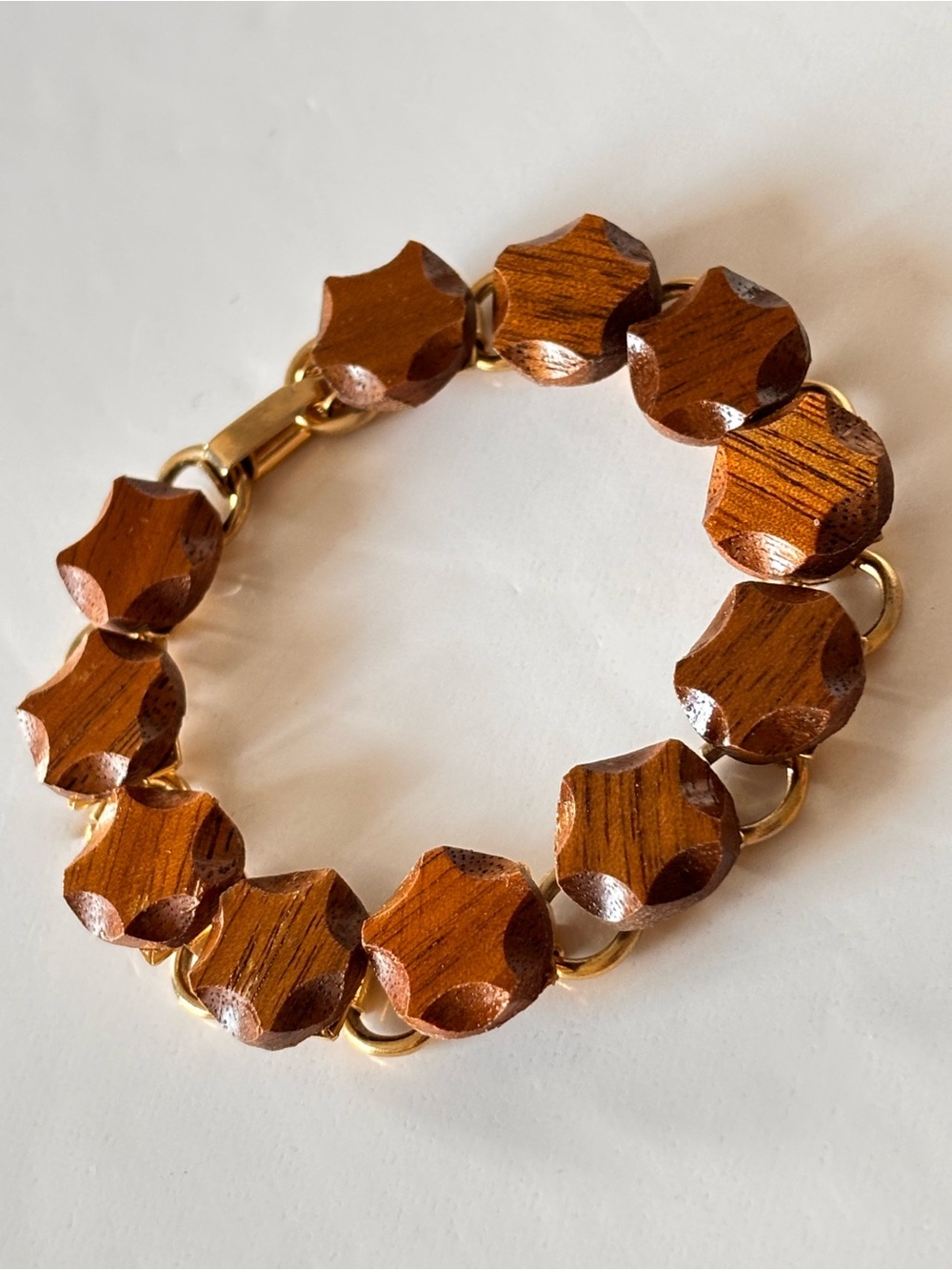 Vintage gold plated faceted wooden pearls in the shape of a star bracelet